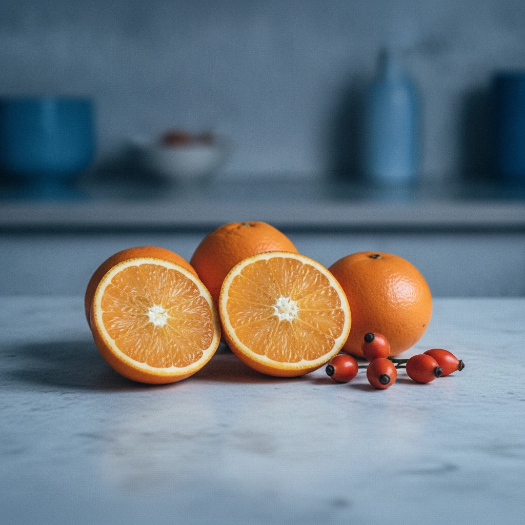 Tuoreita appelsiineja ja ruusunmarjoja vaalealla kivipöydällä